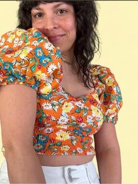 Zara Orange Floral Puff-Sleeve Smocked Crop Top